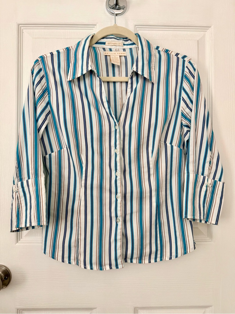 Antilia Femme White Blue Gold Striped Cotton Blend Button Front Shirt Size M